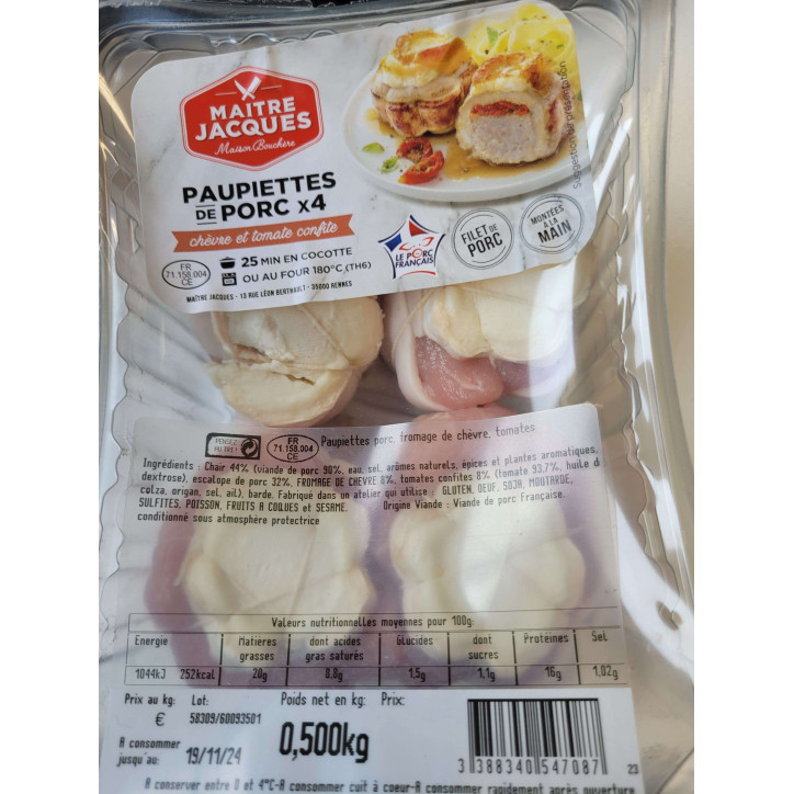 PAUPIETTES PORC CHEVRE TOMATE 500G